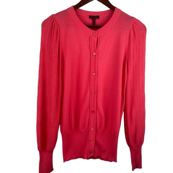 Escada | Pink Button Puff Sleeve Cardigan Sweater - Picture 1 of 9